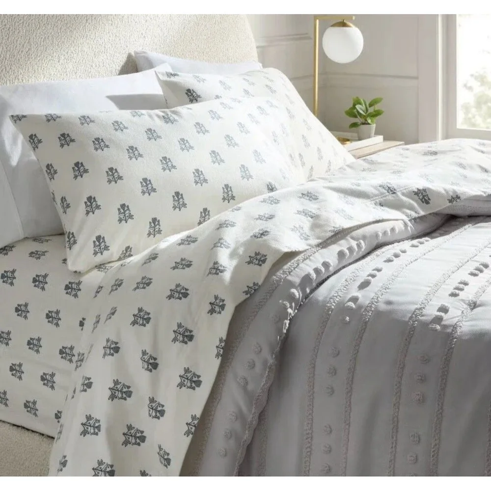 RARE Queen Ultra Soft Flannel Sheet Set Blue Woodblock - Threshold NEW